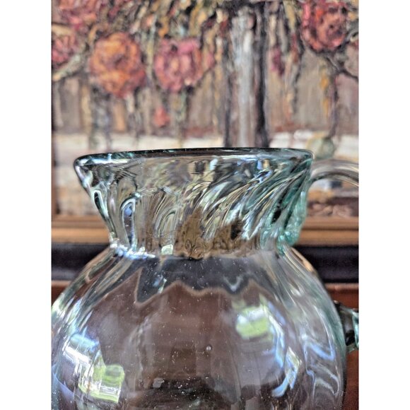 Vintage Mexican Hand Blown Recycled Glass Pitcher Aqua...
